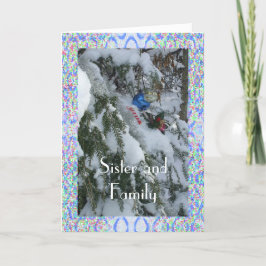Zuster en familie-versierde boom buiten ingelijst feestdagen kaart