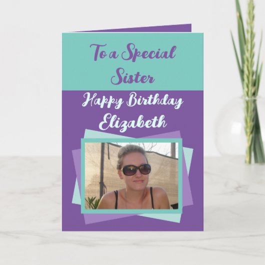 Zuster foto naam paars groen verjaardag kaart (Voorkant)