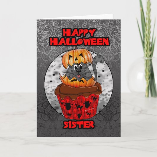 Zuster Halloween cupcake kat, grijze tabby Kaart (Voorkant)