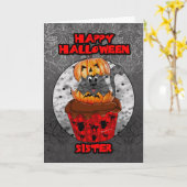 Zuster Halloween cupcake kat, grijze tabby Kaart (Gele Bloem)