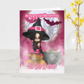 Zuster Halloween met Heks Girlie in pinks Kaart (Gele Bloem)