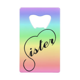 Zuster hart kleurrijke regenboog achtergrond op creditkaart flessenopener