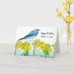 Zuster in Law Gelukkige Verjaardag Bluebird Wildfl Kaart<br><div class="desc">Verjaardagsgroeten voor een speciale schoonzus versierd met een blauwe vogel op gele rabbitbrush wilde bloemen geschetst met inkt en hand geschilderd met waterverf. Aan de binnenkant is een zachte kleur groen en een bericht dat u kunt bewerken om aan uw behoeften te voldoen. Vind bijpassende stickers en bedankkaarten in mijn...</div>