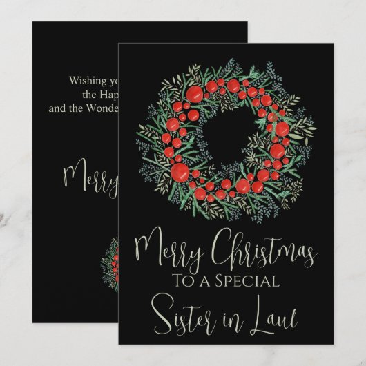 Zuster in Law Kerstmis bessen krans Feestdagenkaart (Voorkant / Achterkant)