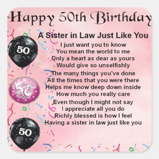 Zuster in Law Poem - 50th Birthday Vierkante Sticker (Voorkant)