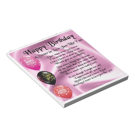 Zuster in Law Poem - Happy Birthday Design Notitieblok (Schuin)