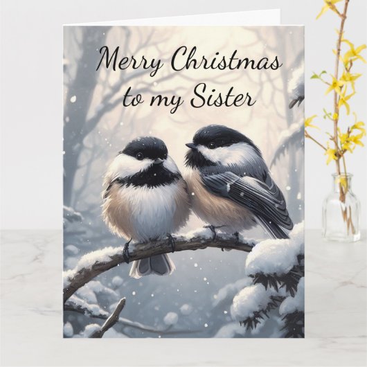 Zuster Kerstwensen & Liefde Chickadee Vogel Kaart (Gele Bloem)