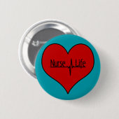 Zuster Life - Red EKG Heart op Bright Blue Ronde Button 5,7 Cm (Voorkant /achterkant)