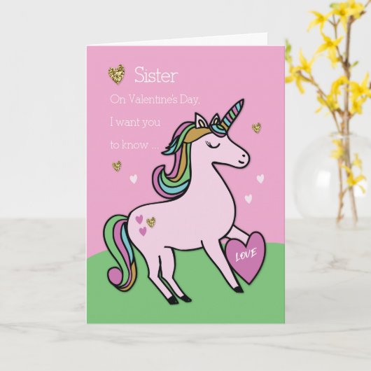 Zuster Magical Unicorn Valentijnsdag Kaart (Gele Bloem)