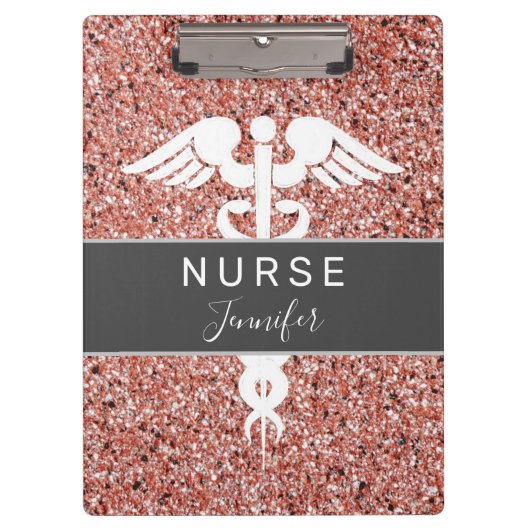 Zuster Medical Caduceus Roze Rose Glitter Naam  Klembord (Voorkant)