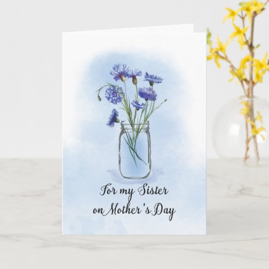 Zuster Moederdag Cornflower in Mason Jar Kaart (Gele Bloem)