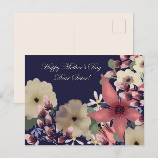 Zuster Moederdag Flowers op Navy Blue Feestdagenkaart (Voorkant / Achterkant)