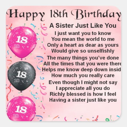 Zuster Poem -   18e Birthday Design Vierkante Sticker (Voorkant)