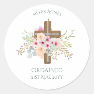 Zuster - Priesterwijding of Jubileum - Bloemkruis Ronde Sticker