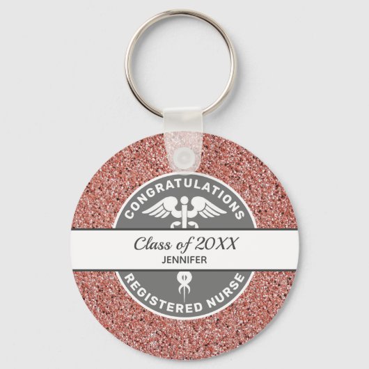 Zuster RN Afstuderen Jaar Roze Glitter Gepersonali Sleutelhanger (Voorkant)