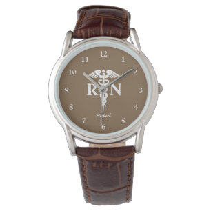 Zuster RN Afstuderen Medical Caduceus Mannen Brown Horloge