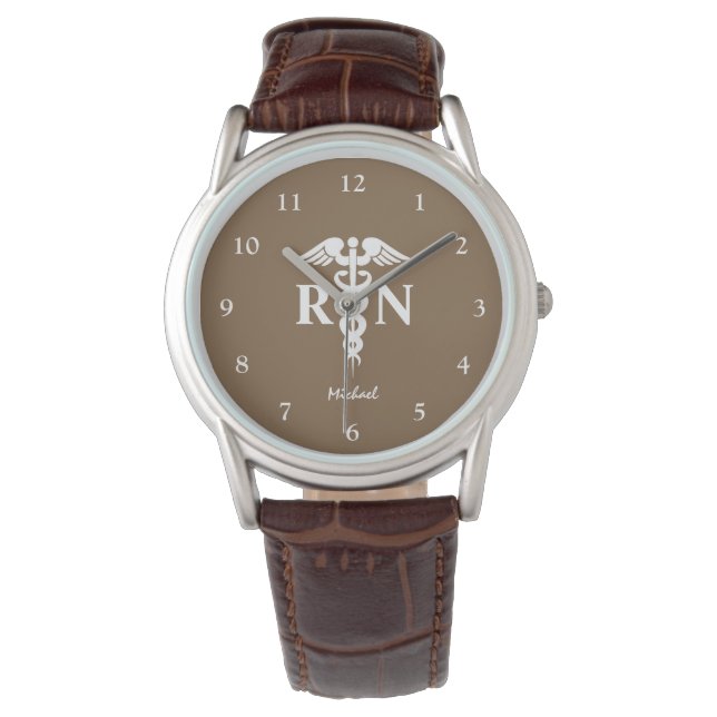 Zuster RN Afstuderen Medical Caduceus Mannen Brown Horloge (Voorkant)