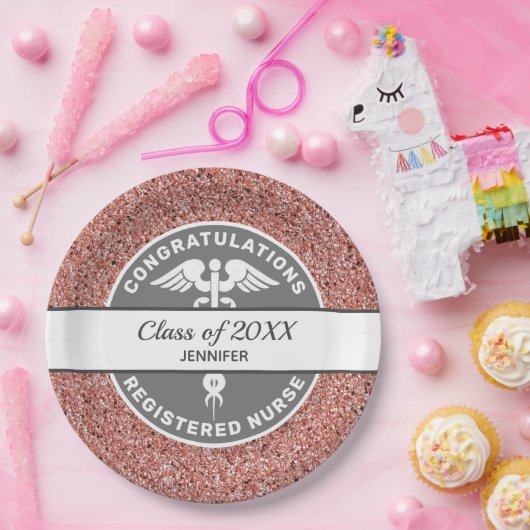 Zuster RN Afstuderen Roos Gold Glitter Gepersonali Papieren Bordje (Feest)