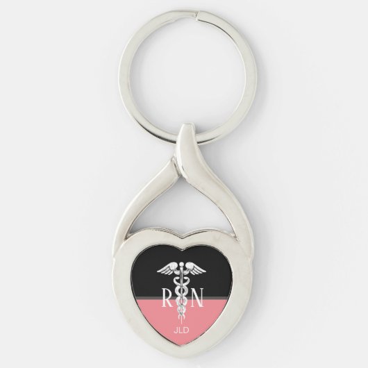 Zuster RN Caduceus Medical Silver Monogram Coral Sleutelhanger (Voorkant)