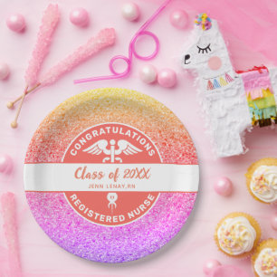 Zuster RN Graduation Party Rainbow Glitter Monogra Papieren Bordje