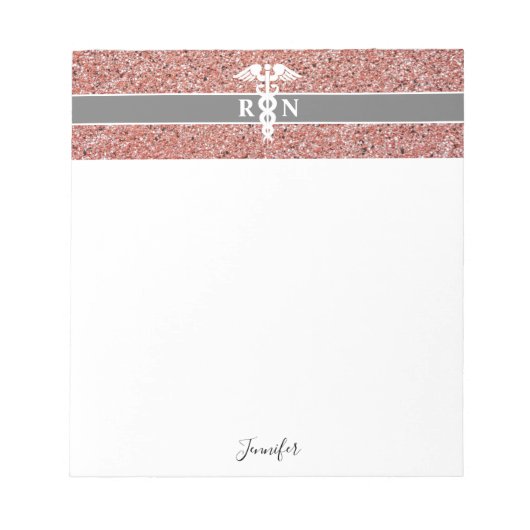 Zuster RN Roze Rose Gold Glitter Gepersonaliseerd Notitieblok (Voorkant)