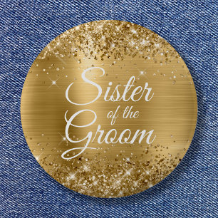 Zuster van de Bruidegom Glitterige Gouden Folie Ronde Button 5,7 Cm