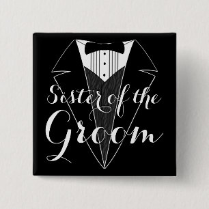 Zuster van de Groom Black Tux Wedding Party Button