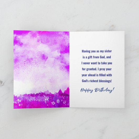 Zuster verjaardag, ik dank God voor u elke dag Feestdagen Kaart (Binnen)