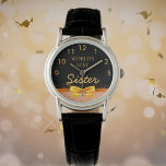 Zuster World's beste zwarte roos gouden boog Horloge<br><div class="desc">Elegant, klassiek, glamoureus en vrouwelijk. Een faux goudkleurige boog en lint met roos goudkleurige faux glitter en sparkle, een beetje verbijsterd en luxe voor een verjaardag of kerstcadeau voor je zus. Foto zwarte achtergrond. Met de tekst: 's Werelds beste zuster. Golden kloknummers van 9 tot 3. Dit horloge is ook...</div>