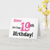 Zuster's 19e verjaardag groet in zwart, roze. kaart (Gele Bloem)