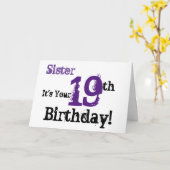 Zuster's 19e verjaardagsgroet in zwart, paarse. kaart (Gele Bloem)