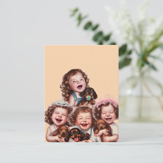 Zusters en teckel puppies briefkaart (Staand voorkant)