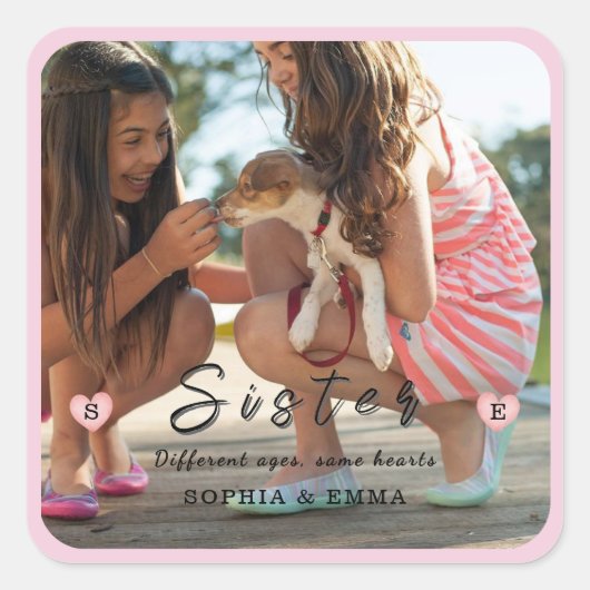 Zusters Fotocollage – Verschillende Leeftijden, Ze Vierkante Sticker (Voorkant)