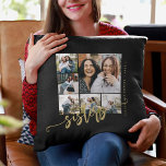 Zusters script foto collage cadeau kussen<br><div class="desc">Zwart goud modern gooien kussen sjabloon speciale aandenken cadeau voor zussen met zes aangepaste foto's en modern kalligrafie script. Personaliseer het met je afbeeldingen en tekst! Houd er rekening mee dat de achtergrondkleur veranderlijk is. Als u de optie BEWERKEN MET ONTWERPGEREEDSCHAP hebt geselecteerd, kunt u het zwart door een andere...</div>