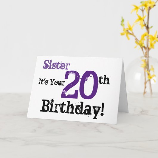 Zuster's twintigste verjaardag groet in het zwart, kaart (Gele Bloem)