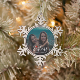 Zusters Verbonden in Hart Foto Aandenken Wit Tin Sneeuwvlok Ornament