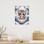 Zut Kitten op een Wolk - Aandoenlijke Aquarel Poster (Keuken)