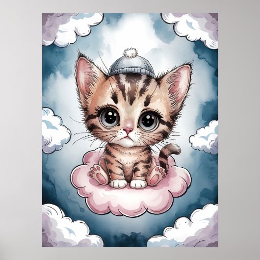 Zut Kitten op een Wolk - Aandoenlijke Aquarel Poster (Voorkant)