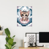 Zut Kitten op een Wolk - Schattige Aquarel Poster (Thuiskantoor)