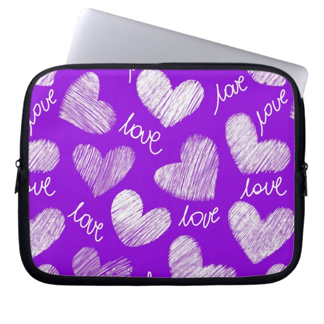 Zutpaarse witte gekrabbelde hart met liefdesschrif laptop sleeve (Voorkant)