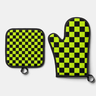 Zuur groen zwart schaakbordpatroon ovenwant & pannenlap set