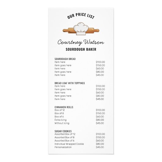 Zuurdesembrood Baker Modern 4x9" Menu Prijslijst (Voorkant)