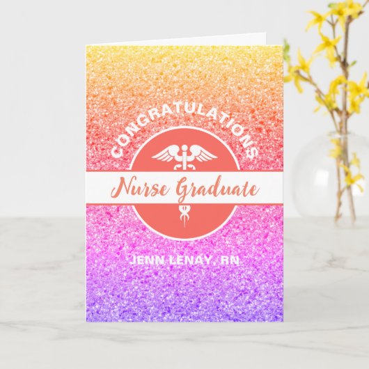 Zuurzame Afstuderen Regenboog Glitter Persoonlijke Kaart (Gele Bloem)