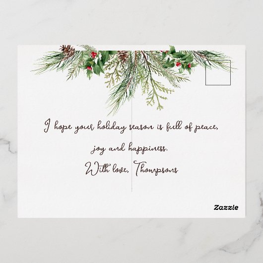 Zuurzame kerstmis met winterrode zonnebloem folie feestdagen briefkaart (Achterkant)