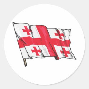 Zwaaiende Georgische Vlag Rood en Wit Vijf Kruizen Ronde Sticker