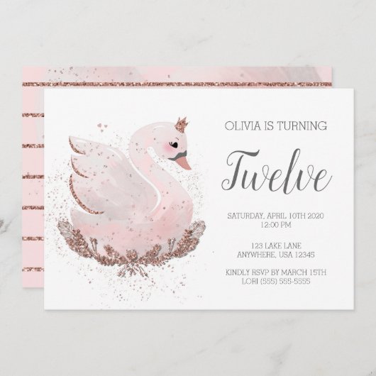 Zwaan 1e verjaardag | Wit en Roos Gouden Glitter Kaart (Voorkant / Achterkant)