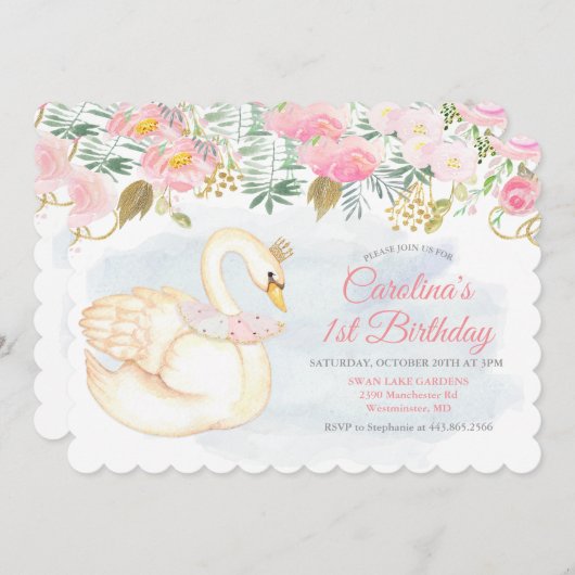 Zwaan Bloemen Eerste 1e Verjaardag Uitnodiging (Voorkant / Achterkant)