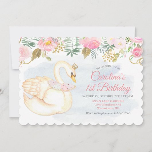 Zwaan Bloemen Eerste 1e Verjaardag Uitnodiging (Voorkant)