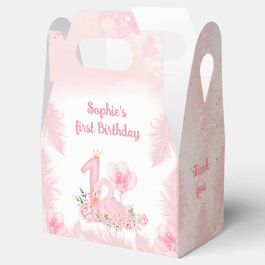 Zwaan Bloemen Veer Roze 1e Verjaardag Kleine Gable Bedankdoosjes (Geopend)