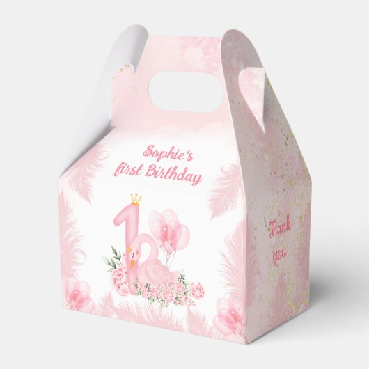 Zwaan Bloemen Veer Roze 1e Verjaardag Kleine Gable Bedankdoosjes (Voorkant Zijde)